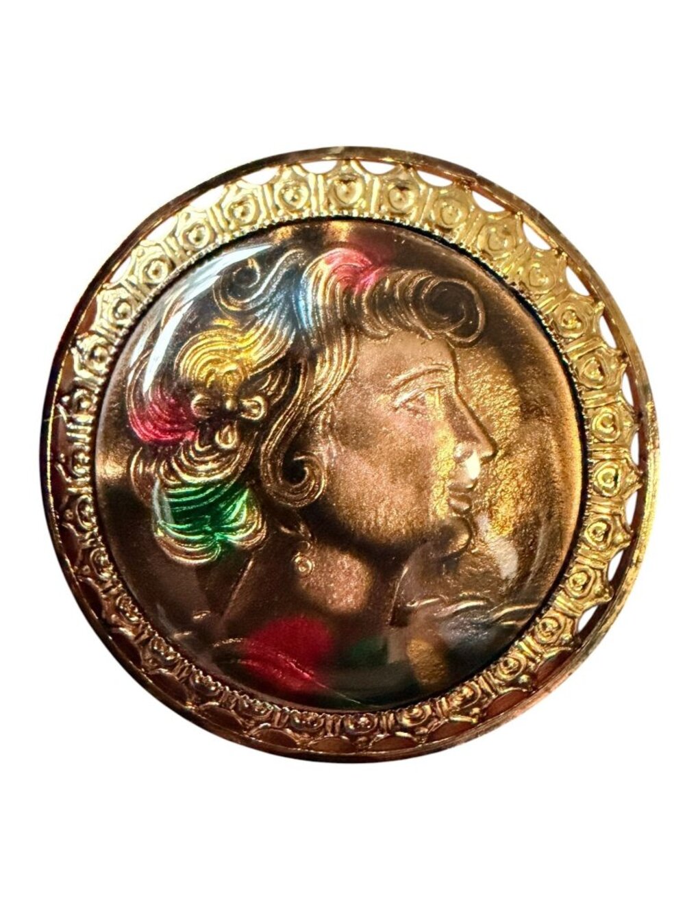Vintage 1950s Reverse Carved Lucite Renaissance Lady Brooch New Old Stock